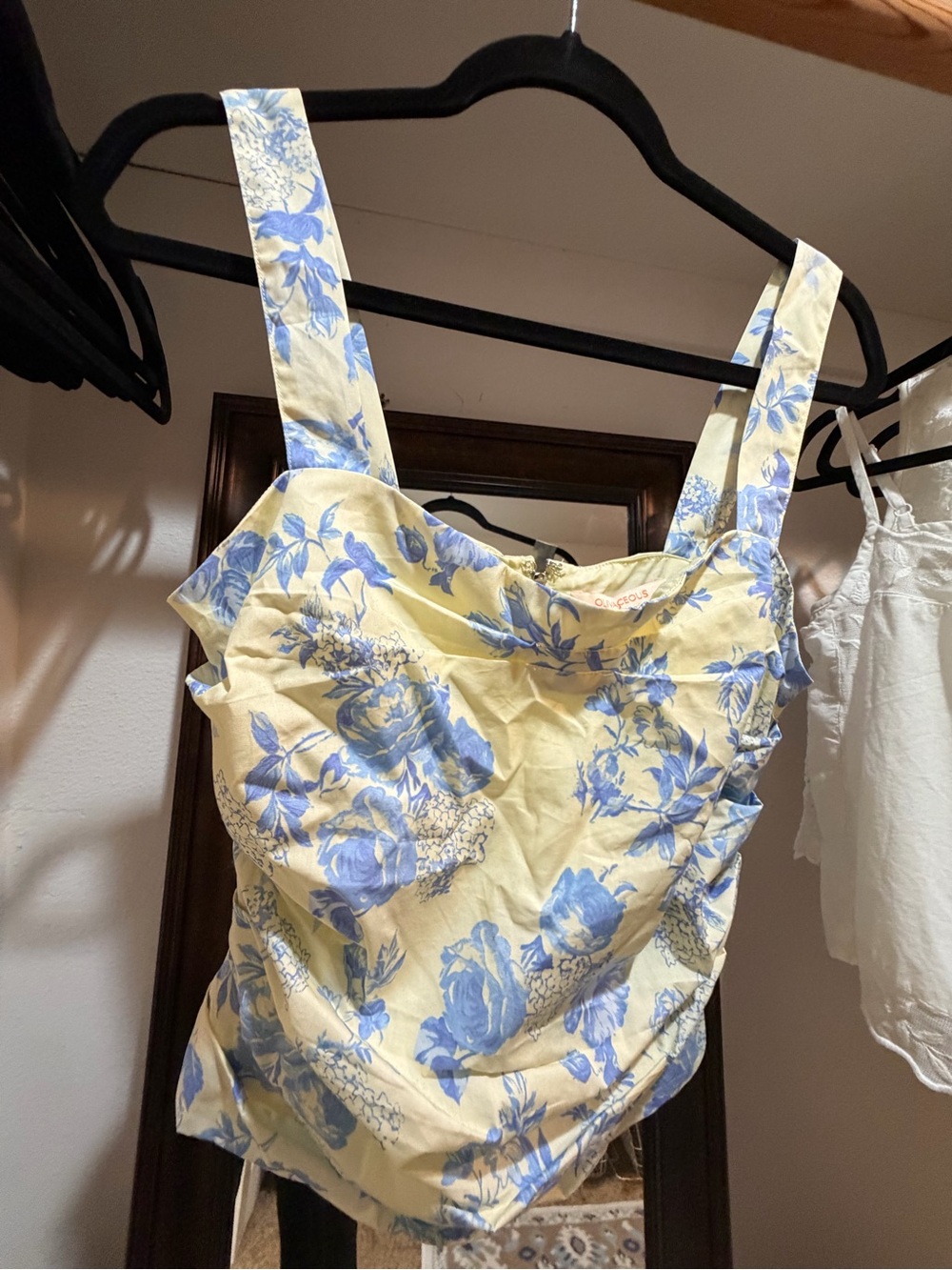 Cream Floral Square-Neck Tank Top with Blue Print - Rouched Zipper Detail